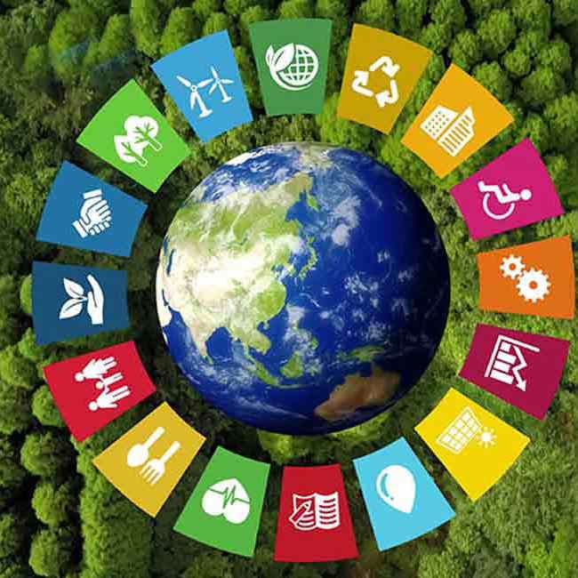 Billede af alle FNs verdensmål i en cirkel rundt om kloden.