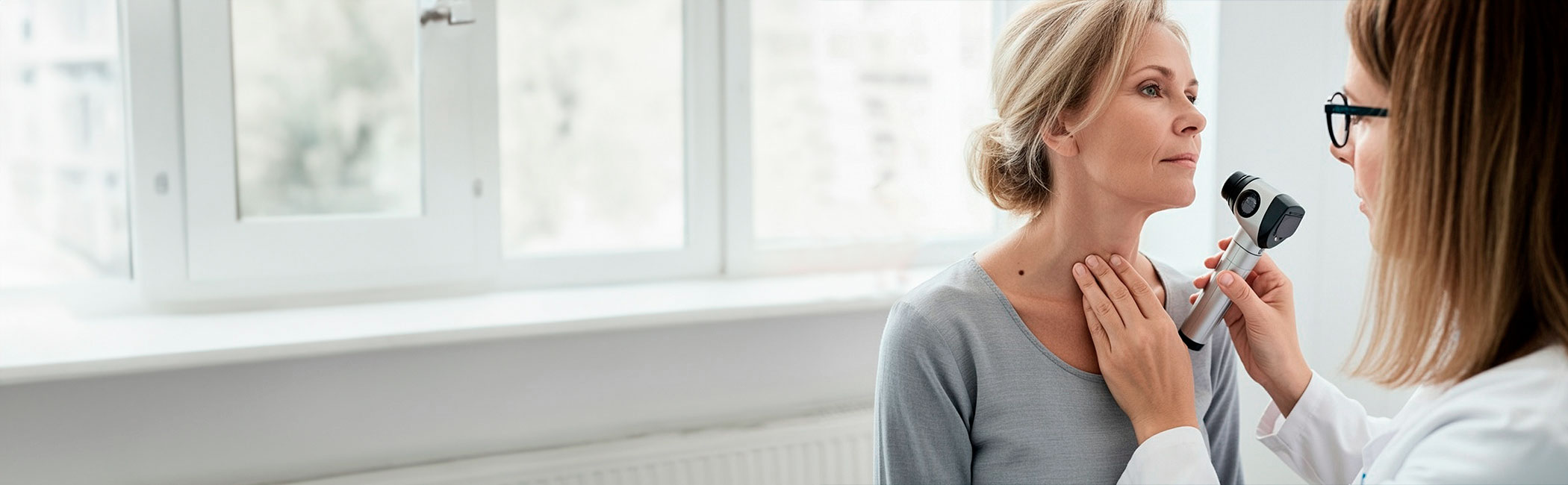 Hudlæge screener for modermærkekræft på halsen af en kvinde.