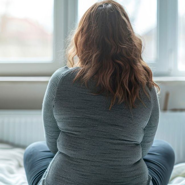 Kvinde sidder i en seng og kigger ud af vinduet.