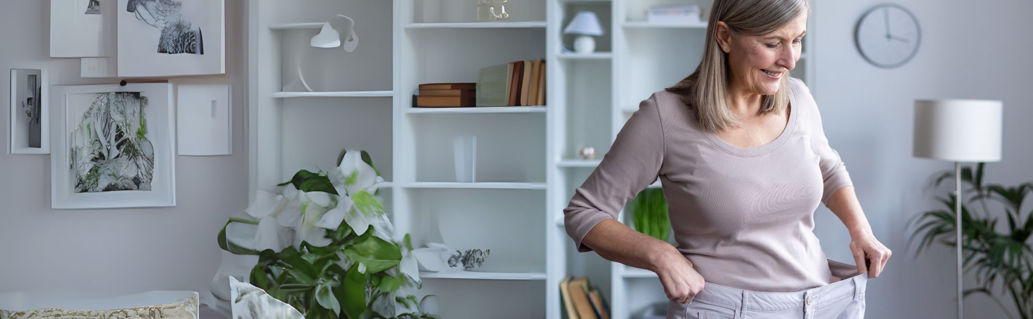 Glad ældre kvinde iført sine for store bukser, som passede inden hun fik lavet fedmeoperation ved Aleris.